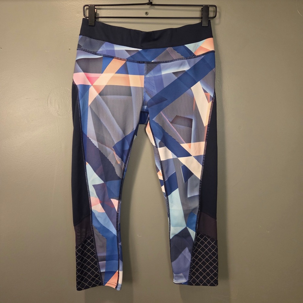 Athleta Women's Electric Geo Sonar Capri Leggings Size M Navy Blue White